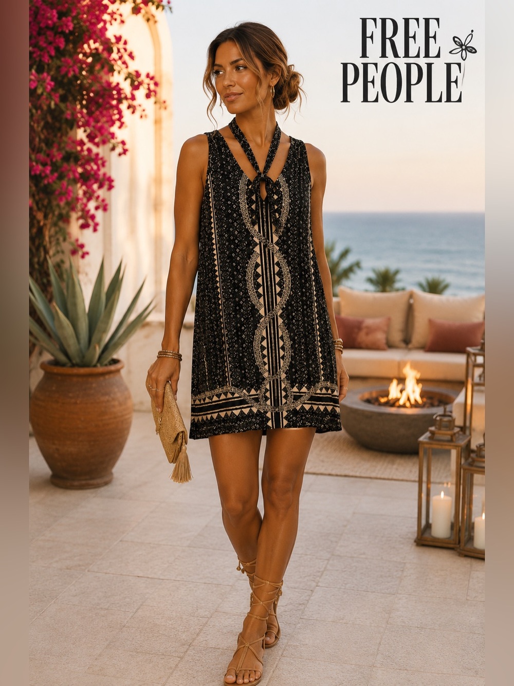 FREE PEOPLE, Diamonds & Snakes Shift Dress,Beaded Halter Boho Festival, Size XS